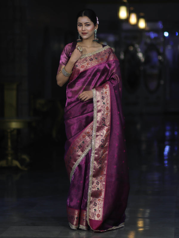 Banarasee Handloom Tissue Saree With Buti Design Contrast Border & Lace-Purple