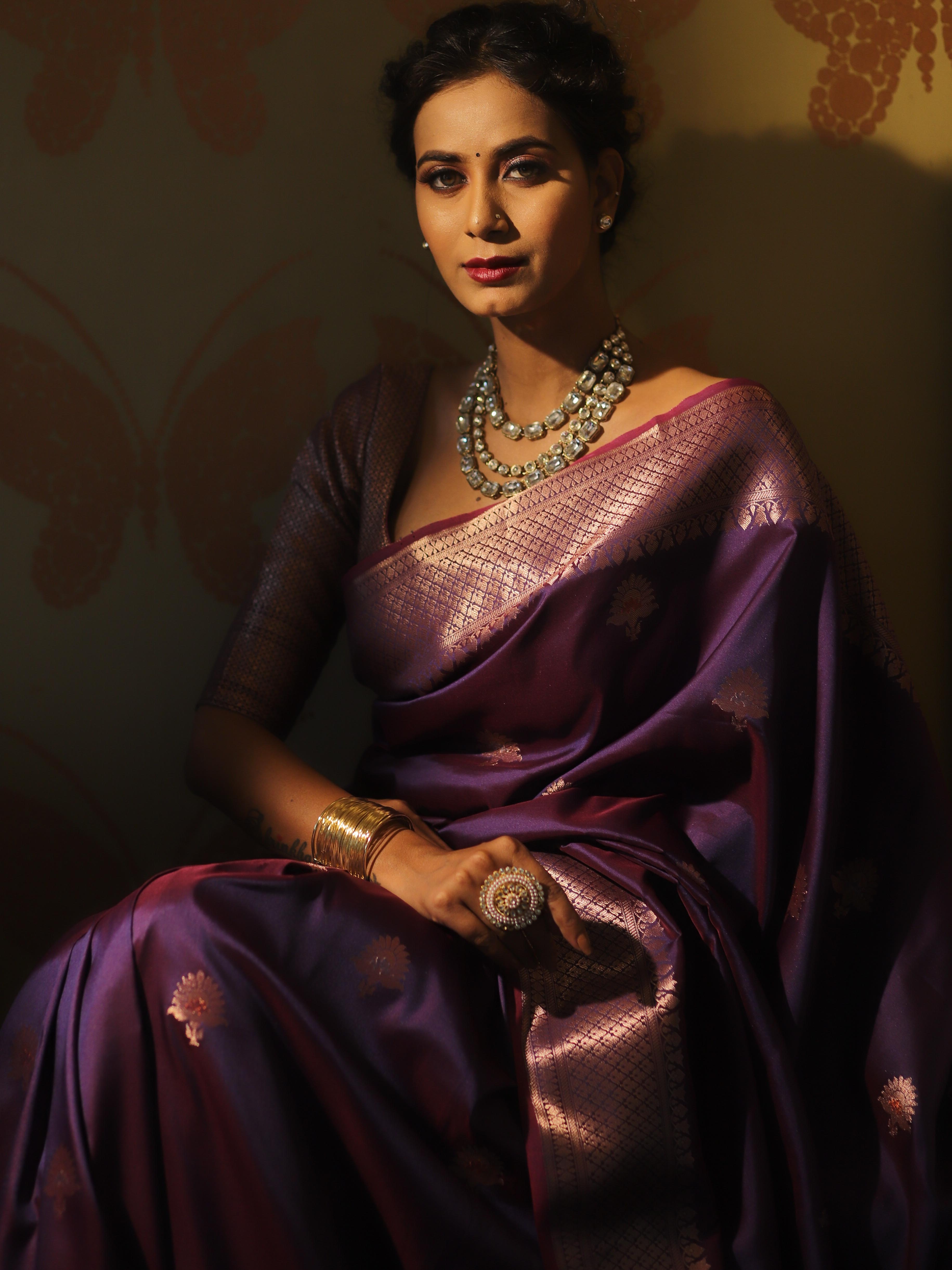 Banarasee Handwoven Dual Tone Semi Silk Saree With Zari Buti-Violet