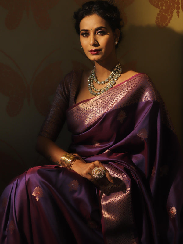 Banarasee Handwoven Dual Tone Semi Silk Saree With Zari Buti-Violet