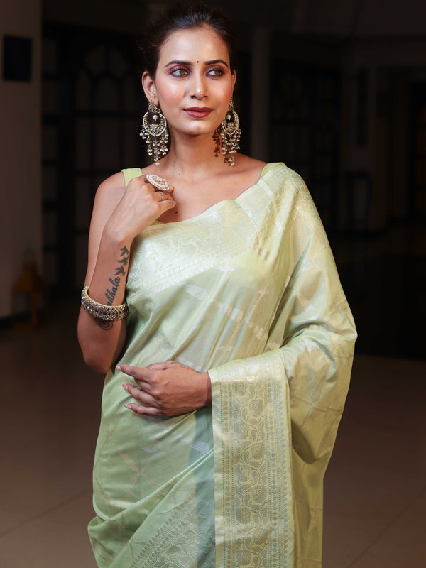 Banarasee Handwoven Semi Silk Saree With Zari Jaal Design-Light Green