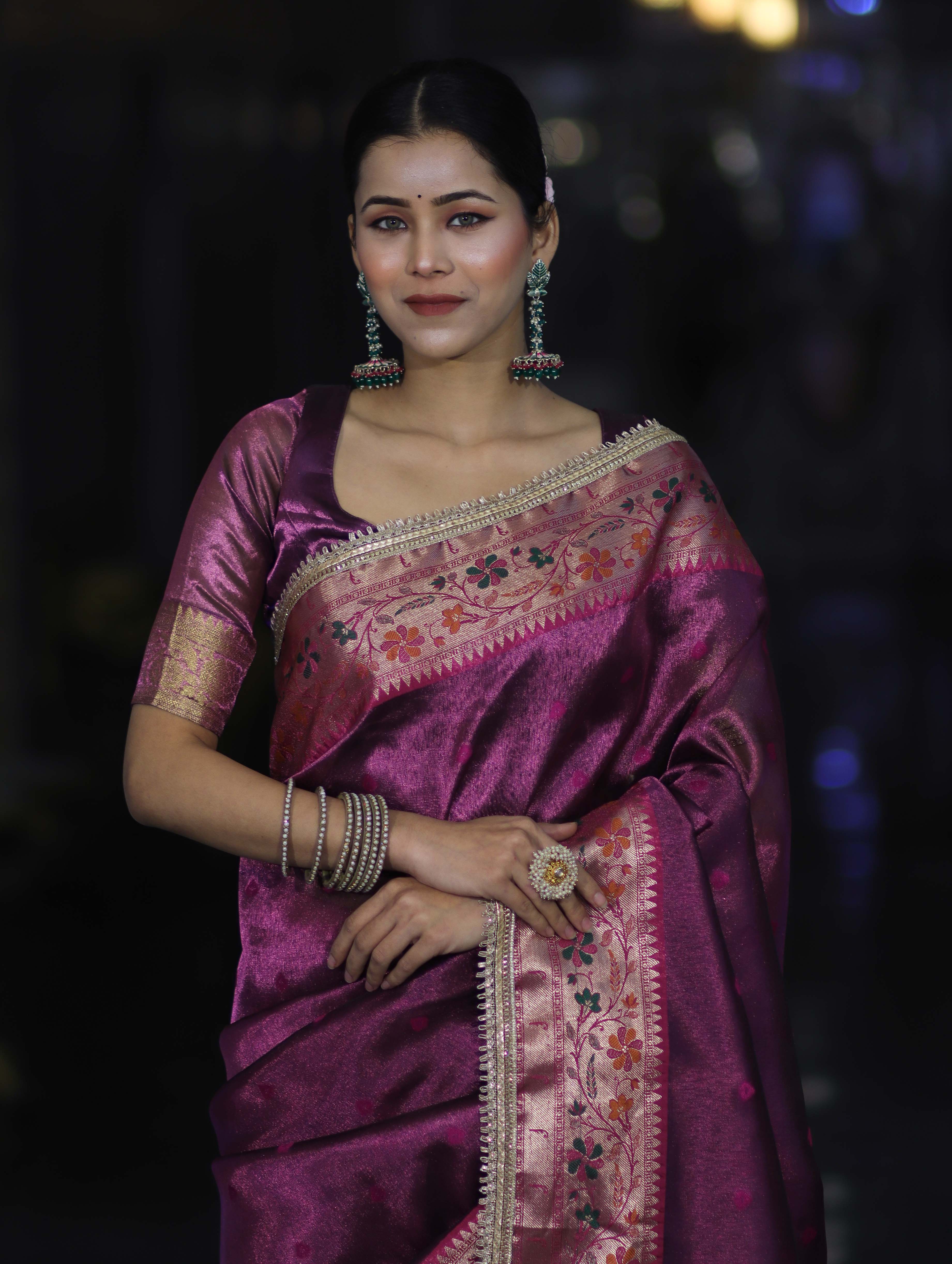 Banarasee Handloom Tissue Saree With Buti Design Contrast Border & Lace-Purple