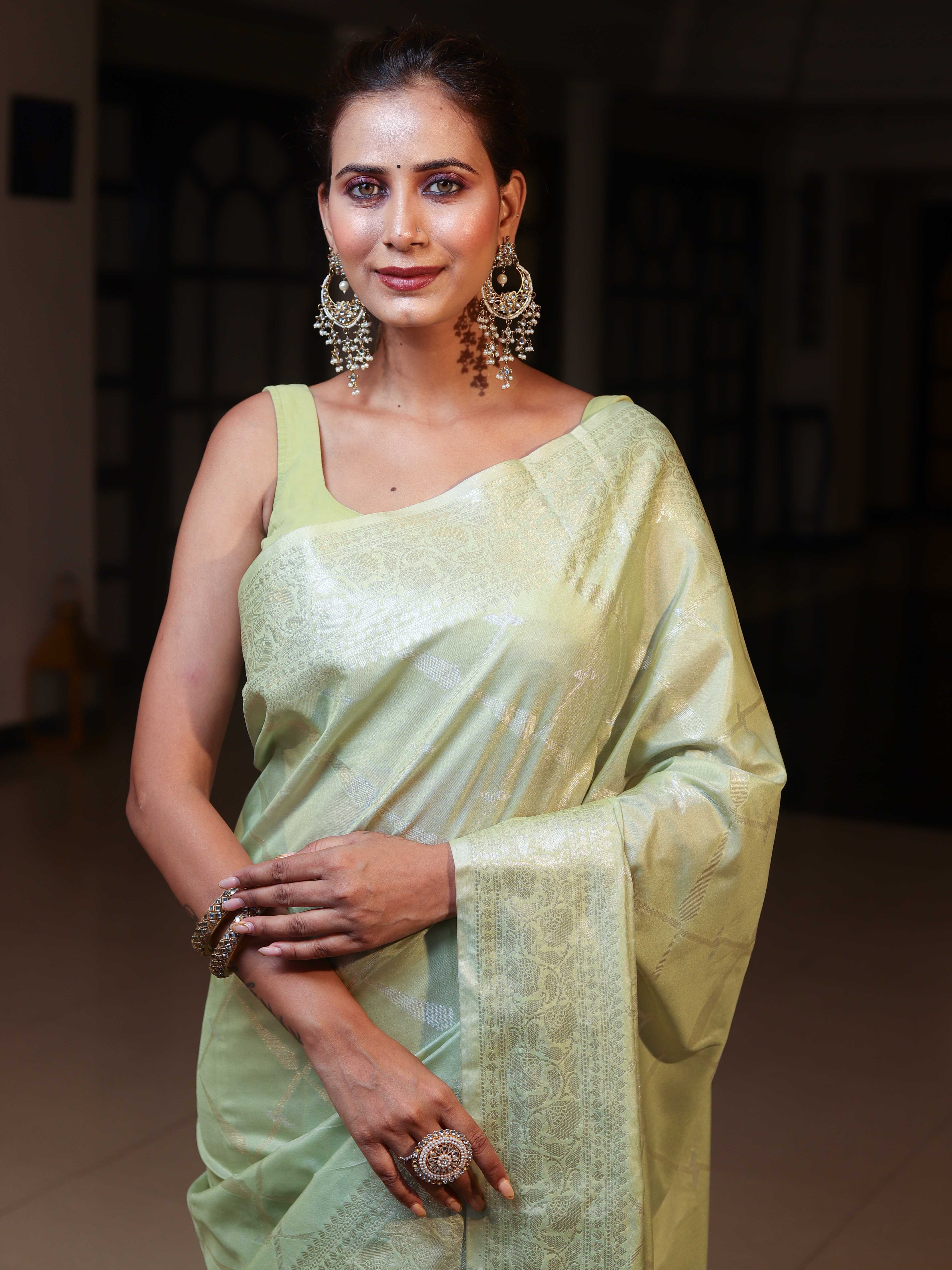 Banarasee Handwoven Semi Silk Saree With Zari Jaal Design-Light Green