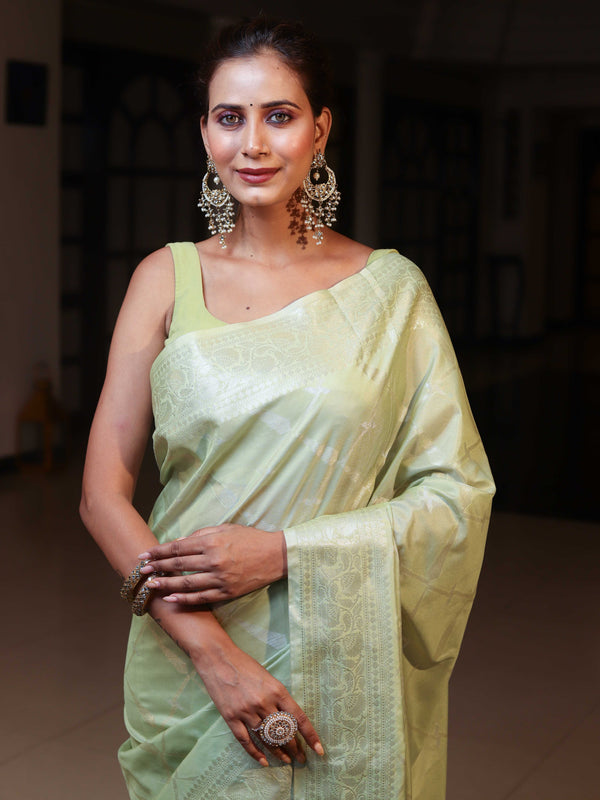 Banarasee Handwoven Semi Silk Saree With Zari Jaal Design-Light Green