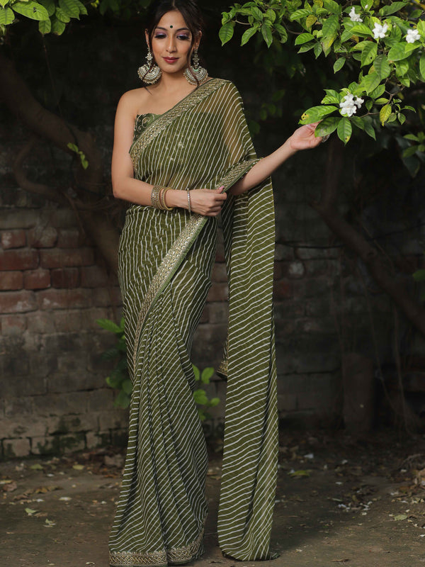 Banarasee Georgette Embroidered Lehariya Print Saree-Olive Green