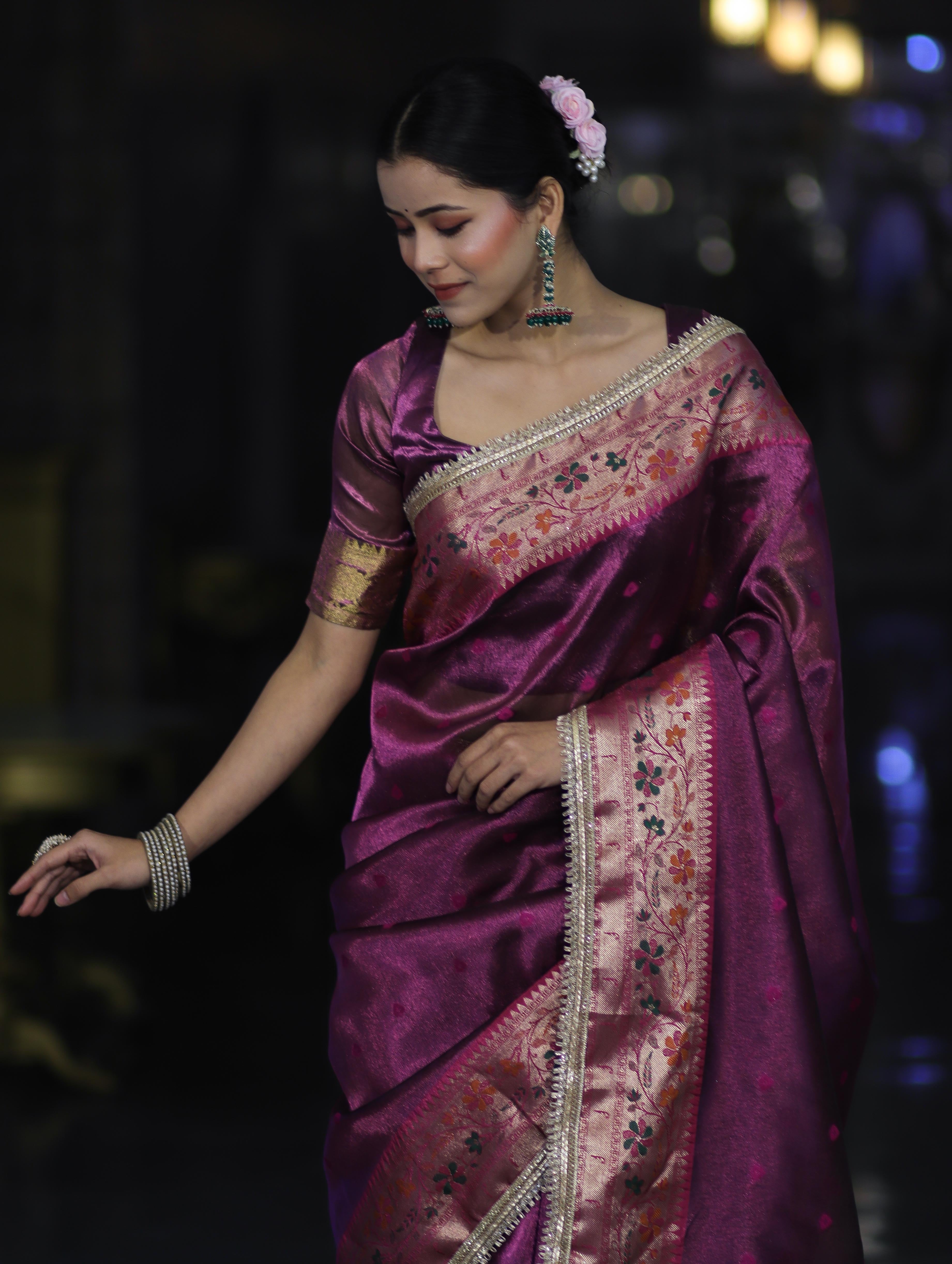 Banarasee Handloom Tissue Saree With Buti Design Contrast Border & Lace-Purple