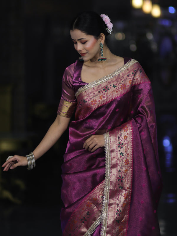Banarasee Handloom Tissue Saree With Buti Design Contrast Border & Lace-Purple