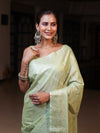 Banarasee Handwoven Semi Silk Saree With Zari Jaal Design-Light Green