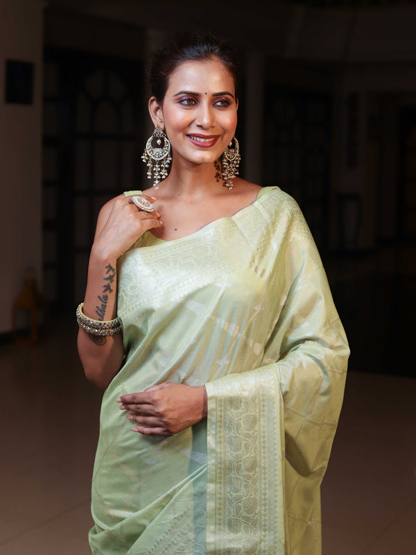 Banarasee Handwoven Semi Silk Saree With Zari Jaal Design-Light Green