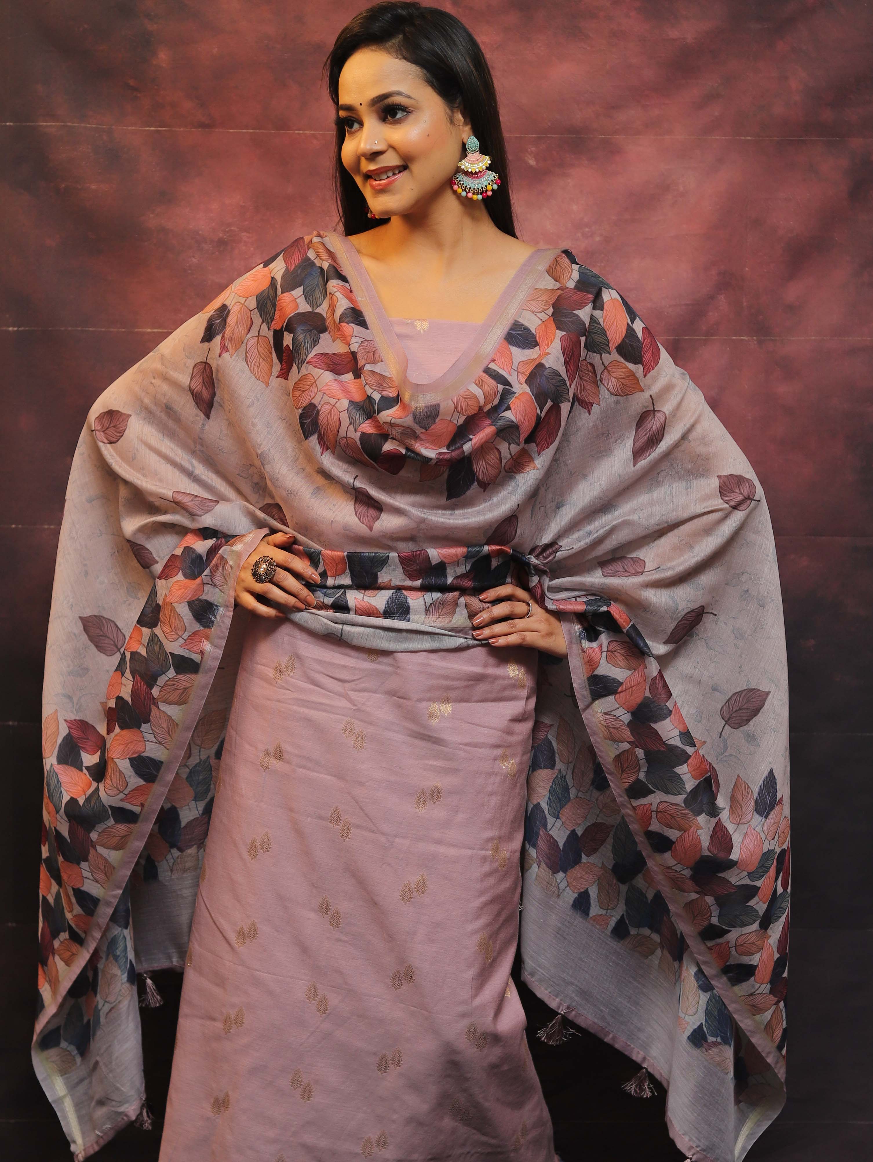 Banarasee Chanderi Cotton Zari Buti Salwar Kameez Fabric With Digital Print Dupatta-Mauve
