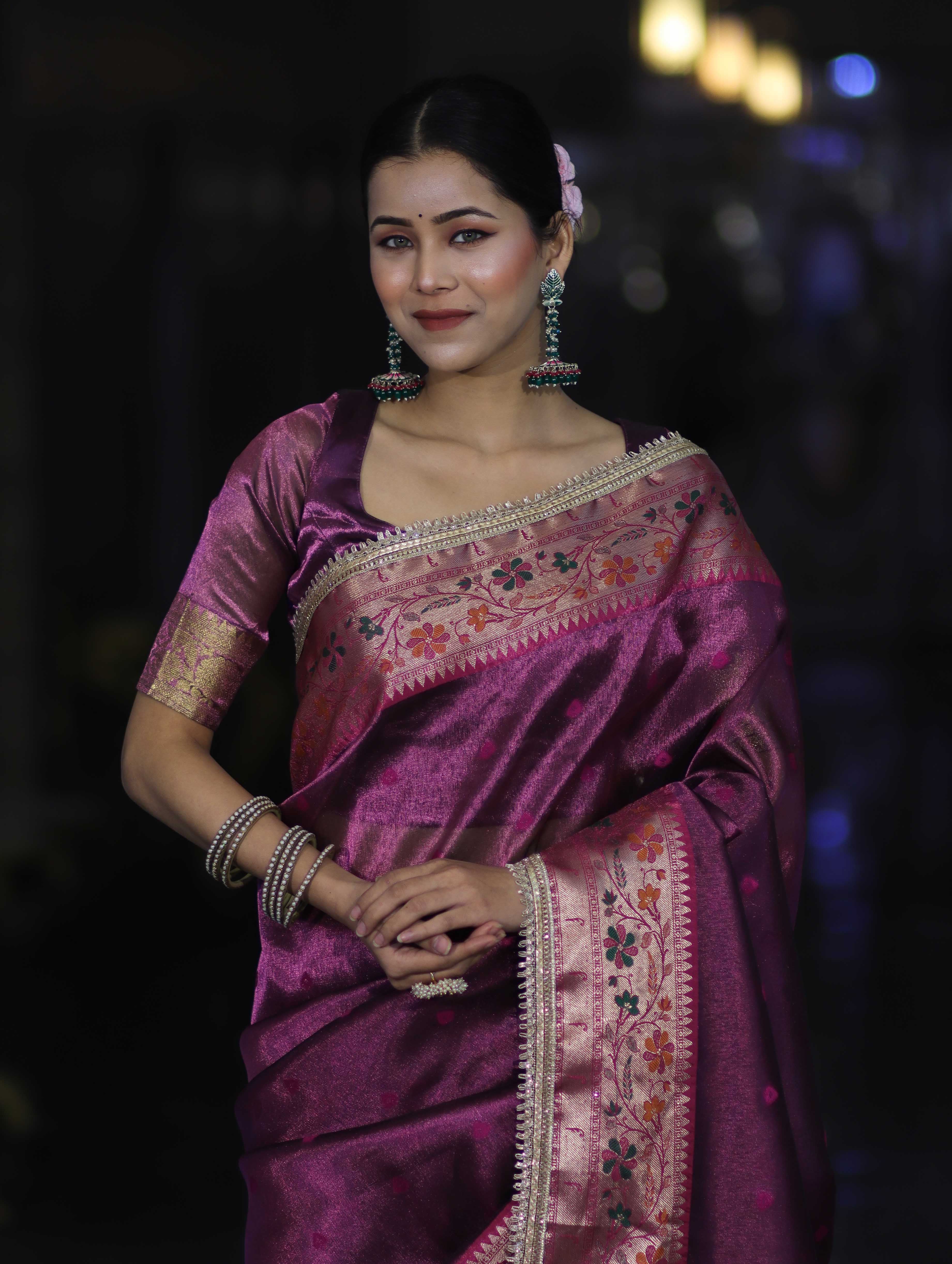 Banarasee Handloom Tissue Saree With Buti Design Contrast Border & Lace-Purple