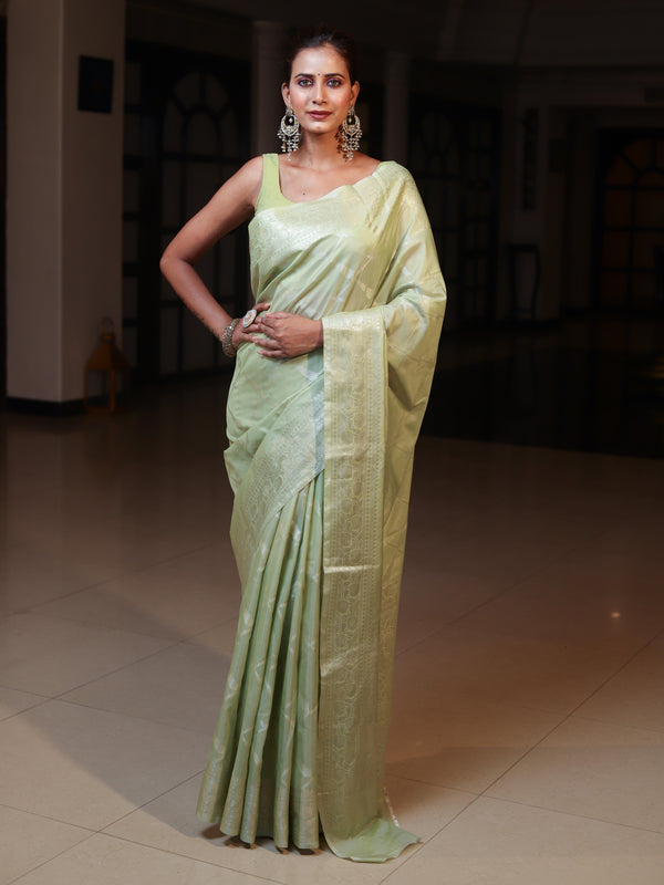 Banarasee Handwoven Semi Silk Saree With Zari Jaal Design-Light Green