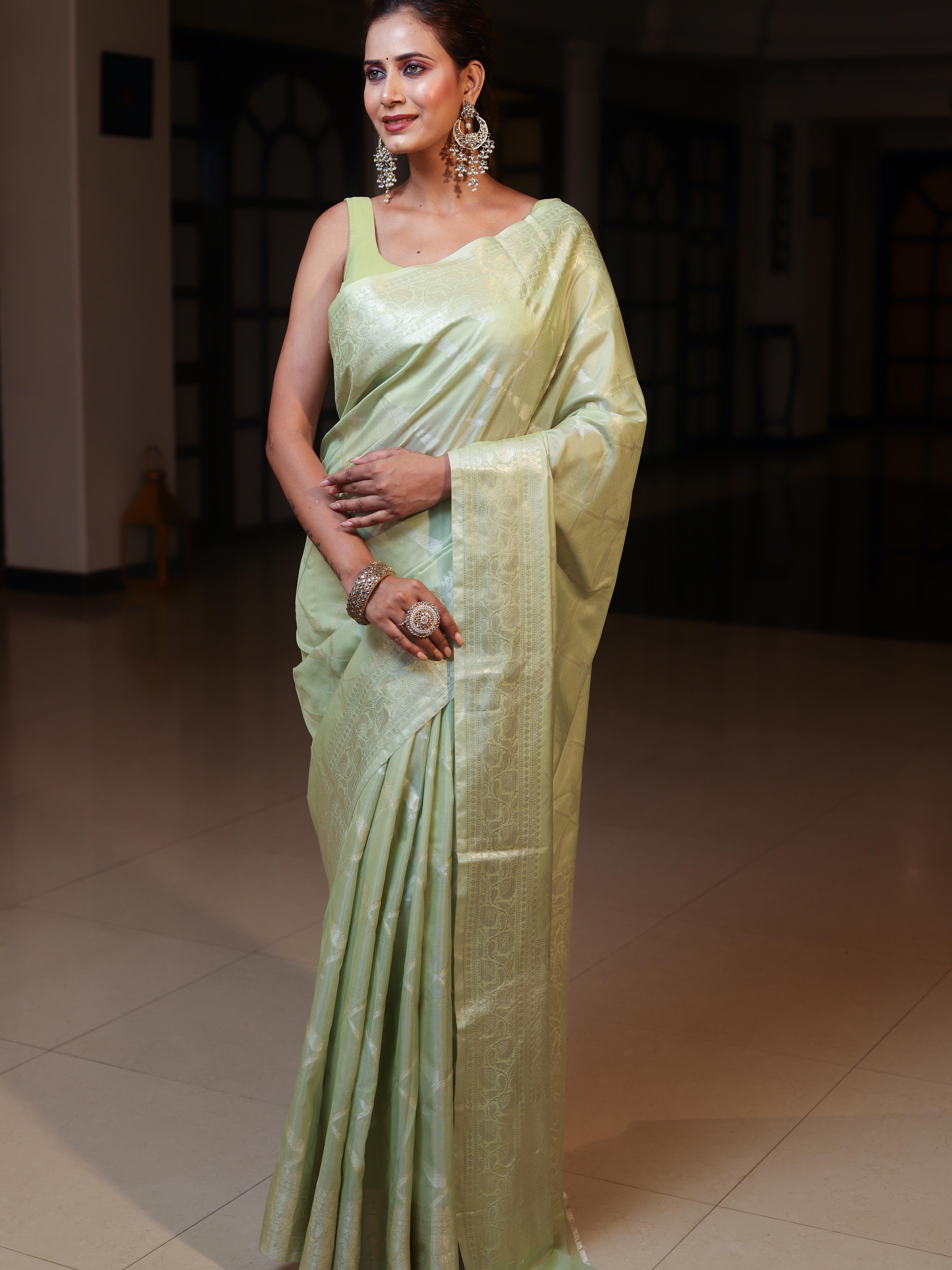 Banarasee Handwoven Semi Silk Saree With Zari Jaal Design-Light Green