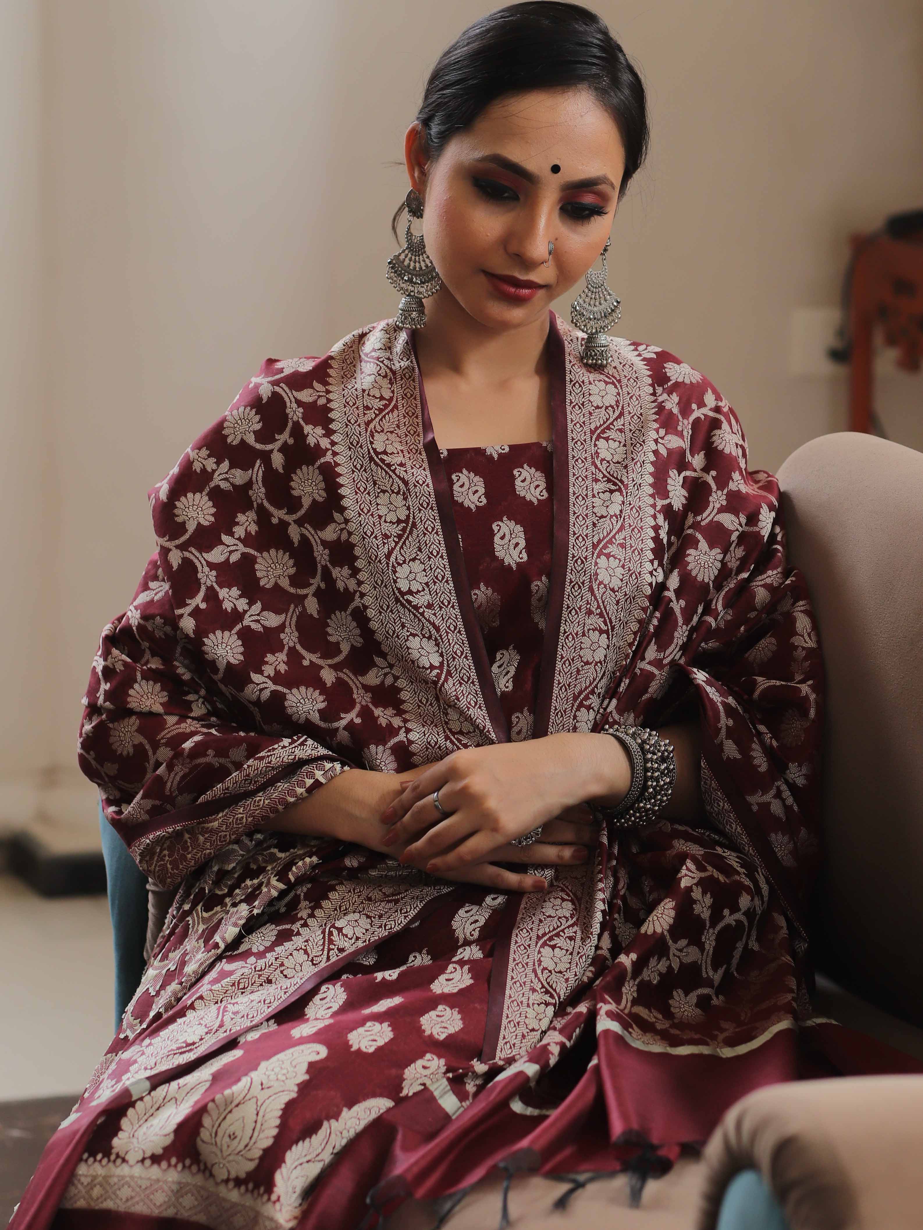 Banarasee Salwar Kameez Cotton Silk Resham Buti Woven Fabric-Wine