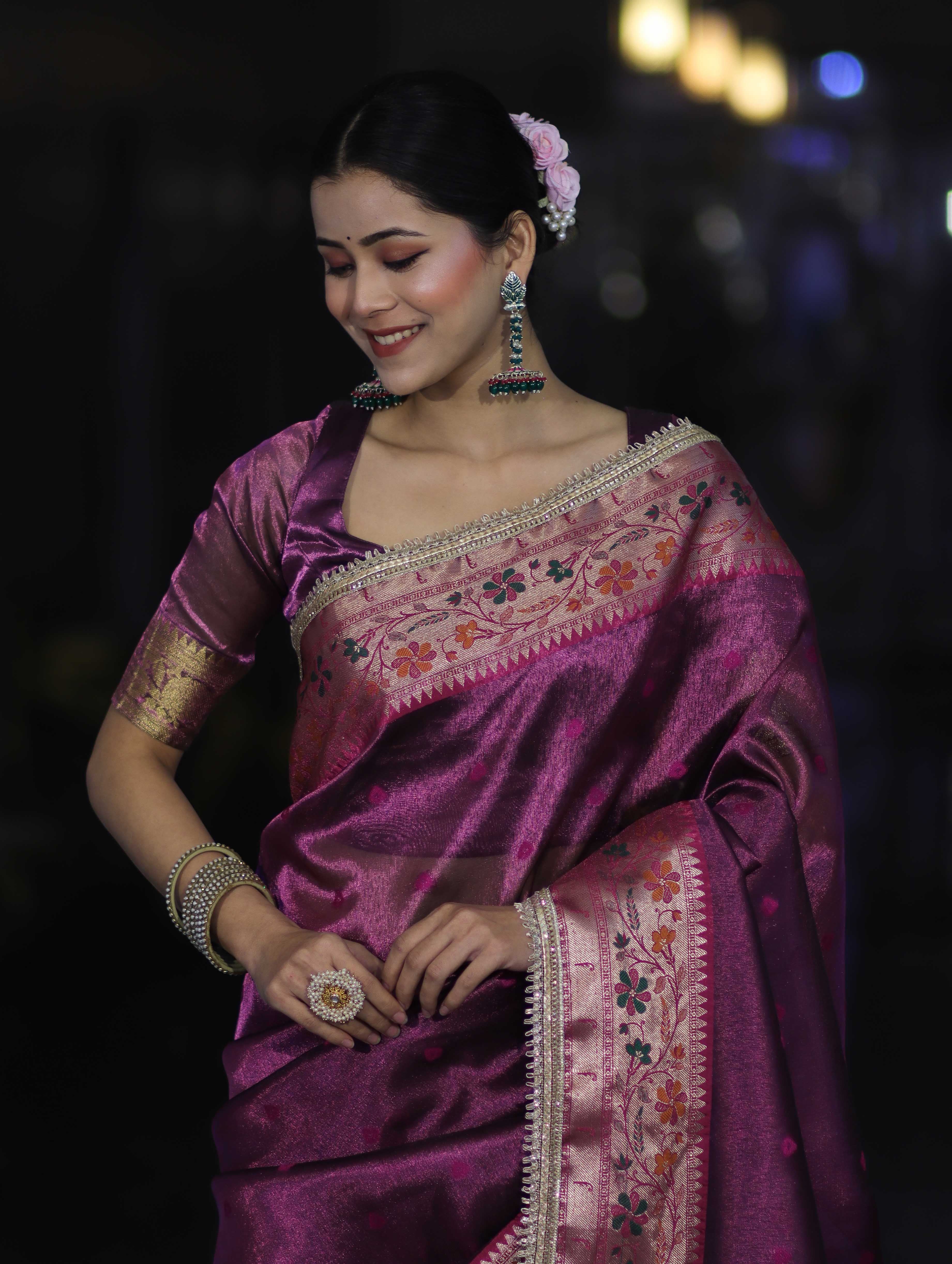 Banarasee Handloom Tissue Saree With Buti Design Contrast Border & Lace-Purple