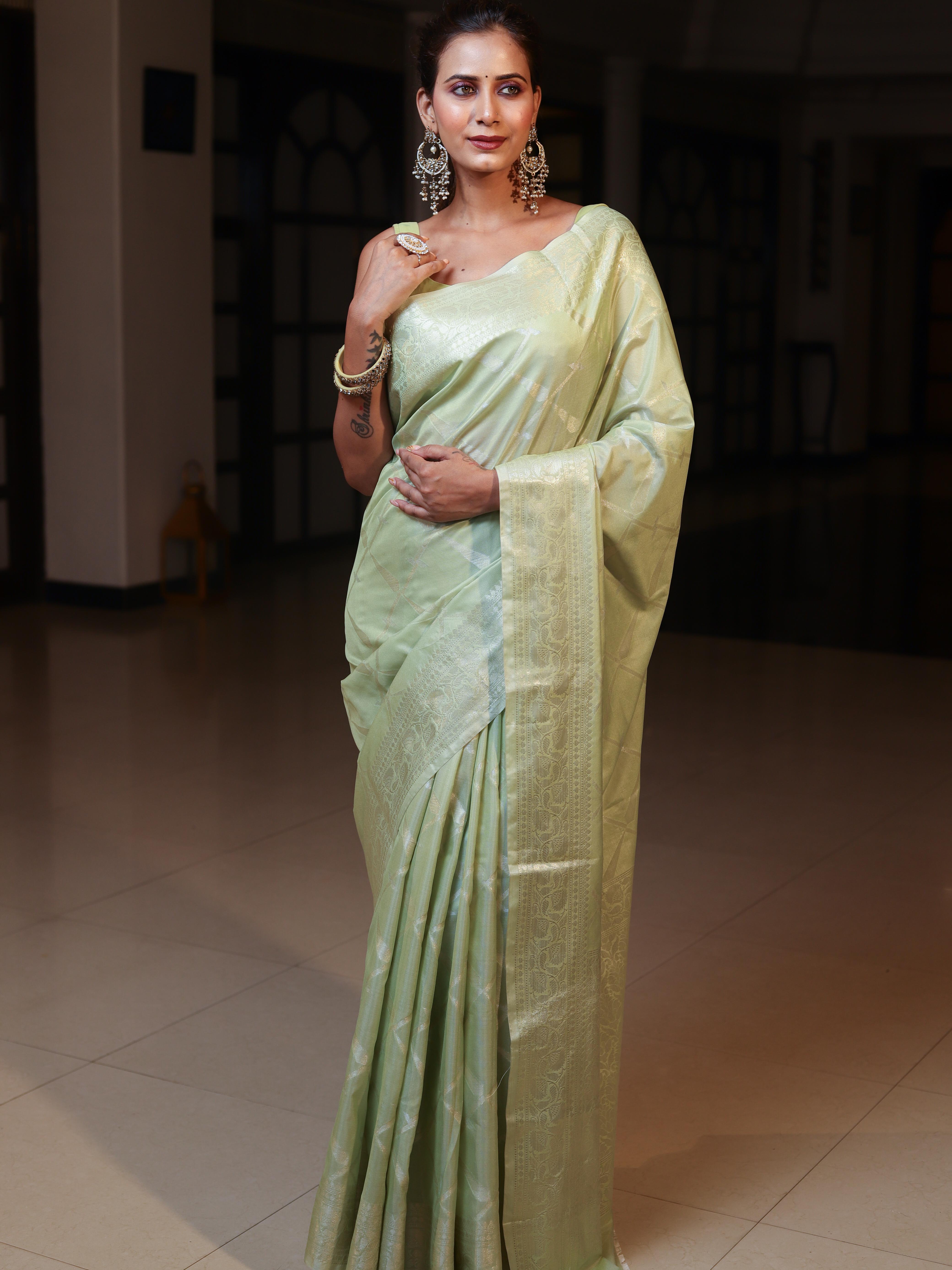 Banarasee Handwoven Semi Silk Saree With Zari Jaal Design-Light Green