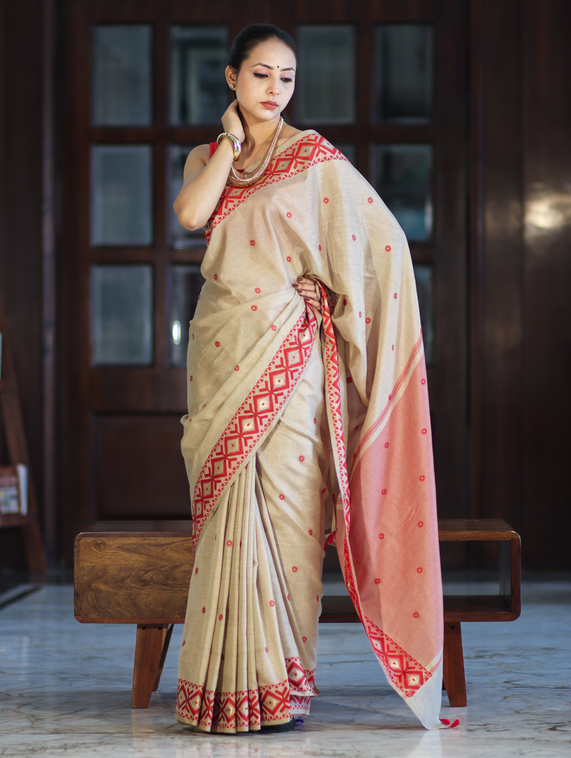 Banarasee Handwoven Semi-Tussar Saree With Resham Work & Geometric Border-Beige & Red