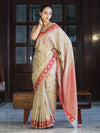 Banarasee Handwoven Semi-Tussar Saree With Resham Work & Geometric Border-Beige & Red