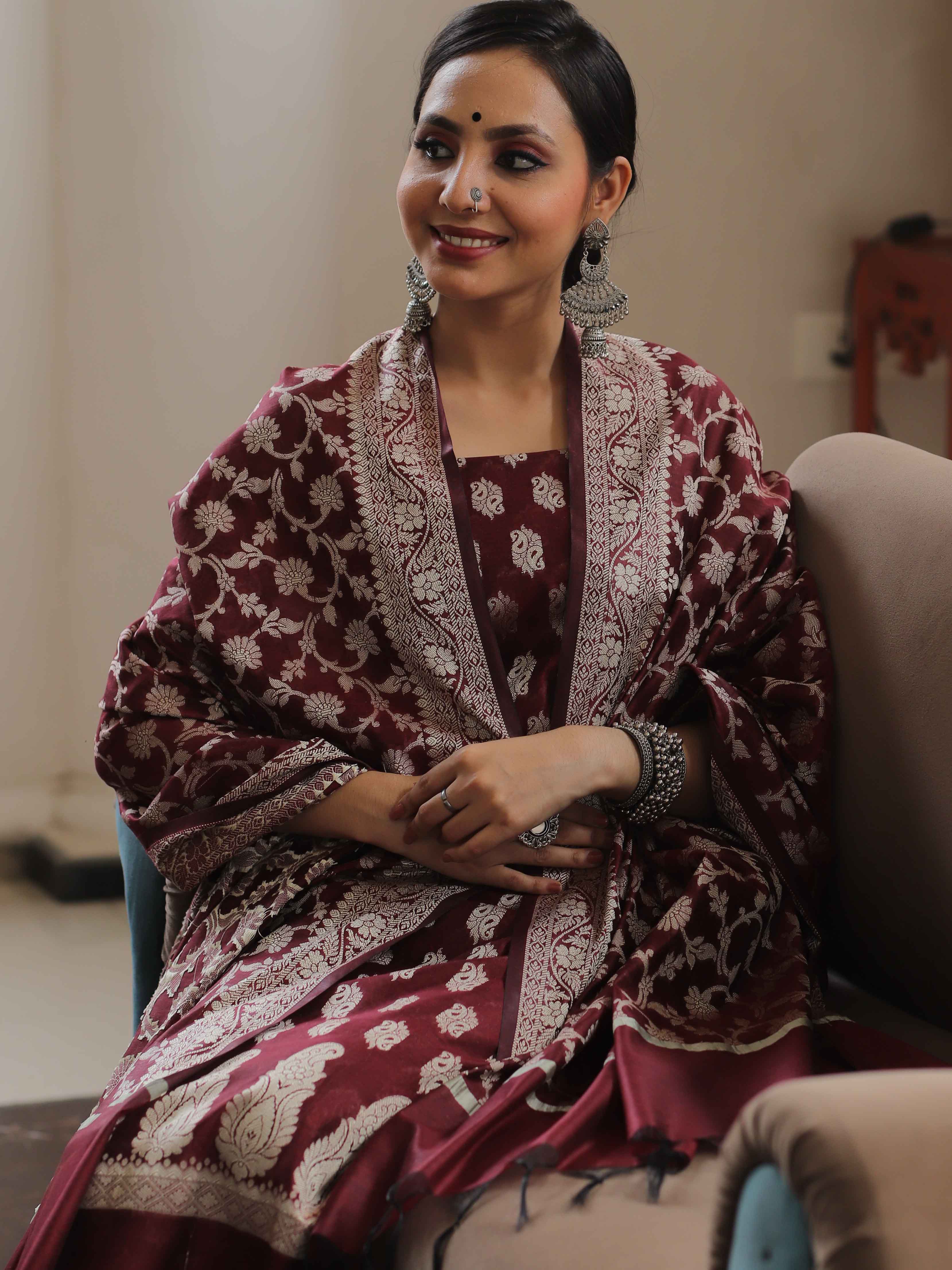 Banarasee Salwar Kameez Cotton Silk Resham Buti Woven Fabric-Wine