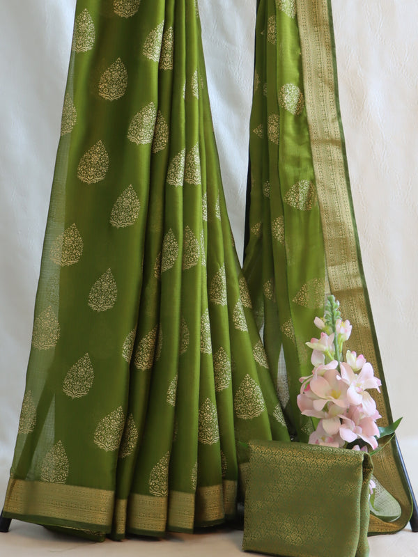Banarasee Chiffon Saree With Foil Print & Gold Zari Lace Border-Henna Green