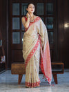 Banarasee Handwoven Semi-Tussar Saree With Resham Work & Geometric Border-Beige & Red