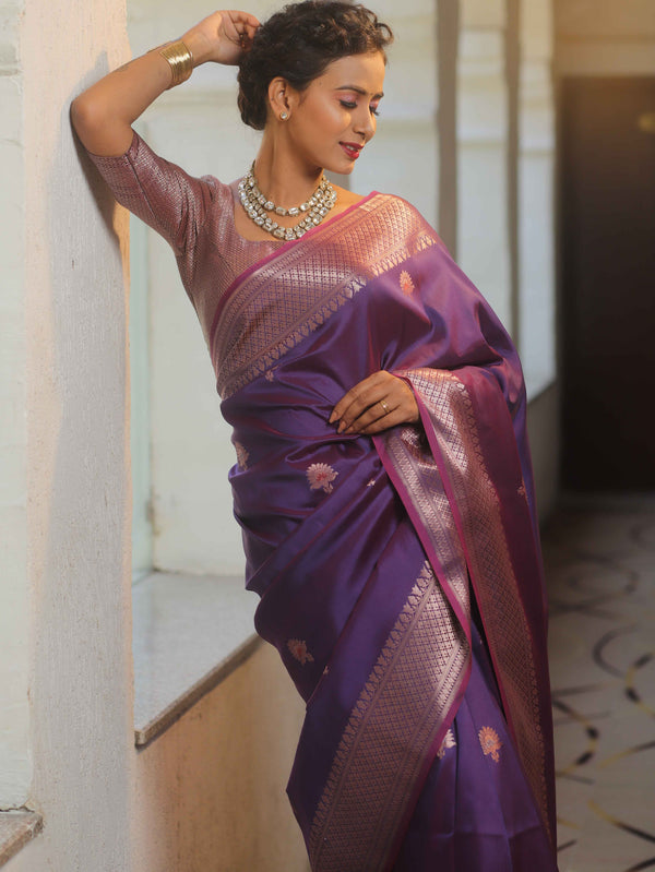 Banarasee Handwoven Dual Tone Semi Silk Saree With Zari Buti-Violet