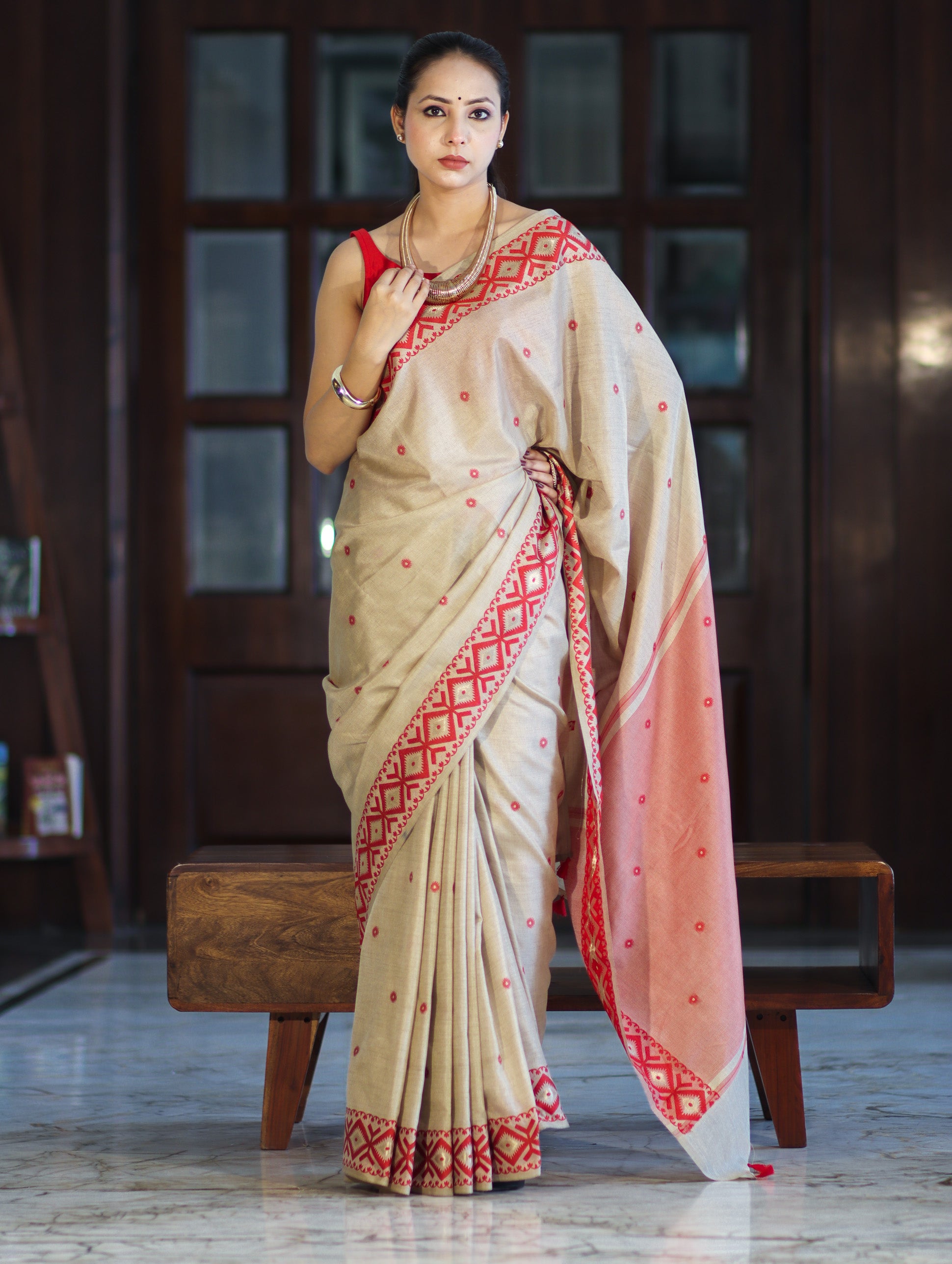 Banarasee Handwoven Semi-Tussar Saree With Resham Work & Geometric Border-Beige & Red