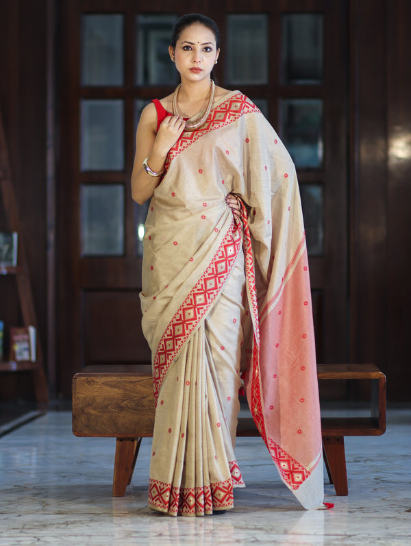 Banarasee Handwoven Semi-Tussar Saree With Resham Work & Geometric Border-Beige & Red