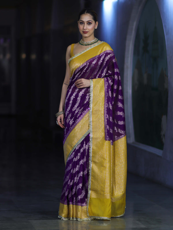 Banarasee Handloom Semi Silk Saree With Contrast Border & Lace-Violet & Yellow