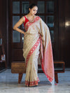 Banarasee Handwoven Semi-Tussar Saree With Resham Work & Geometric Border-Beige & Red