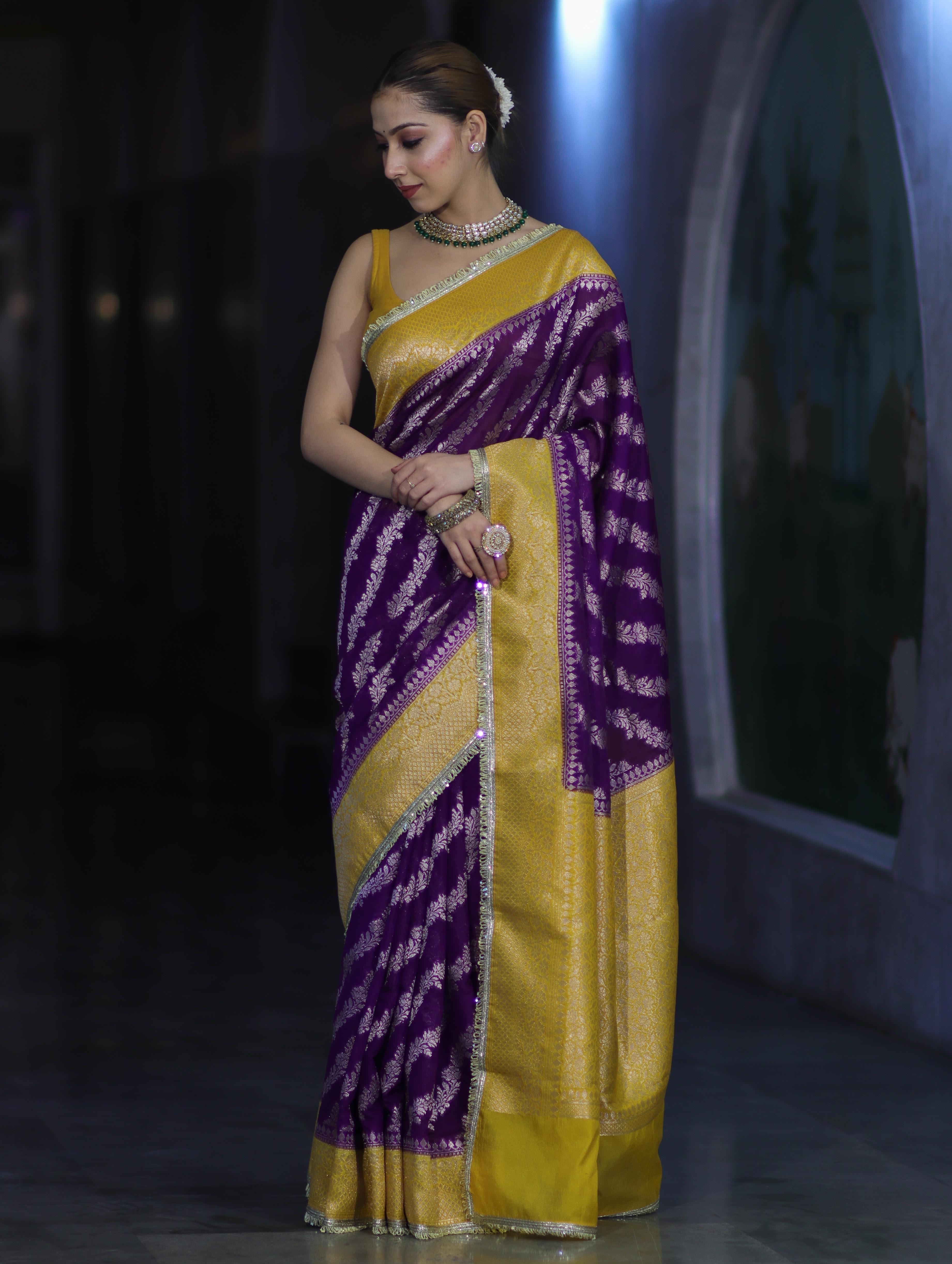 Banarasee Handloom Semi Silk Saree With Contrast Border & Lace-Violet & Yellow