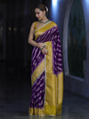 Banarasee Handloom Semi Silk Saree With Contrast Border & Lace-Violet & Yellow