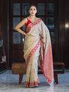 Banarasee Handwoven Semi-Tussar Saree With Resham Work & Geometric Border-Beige & Red