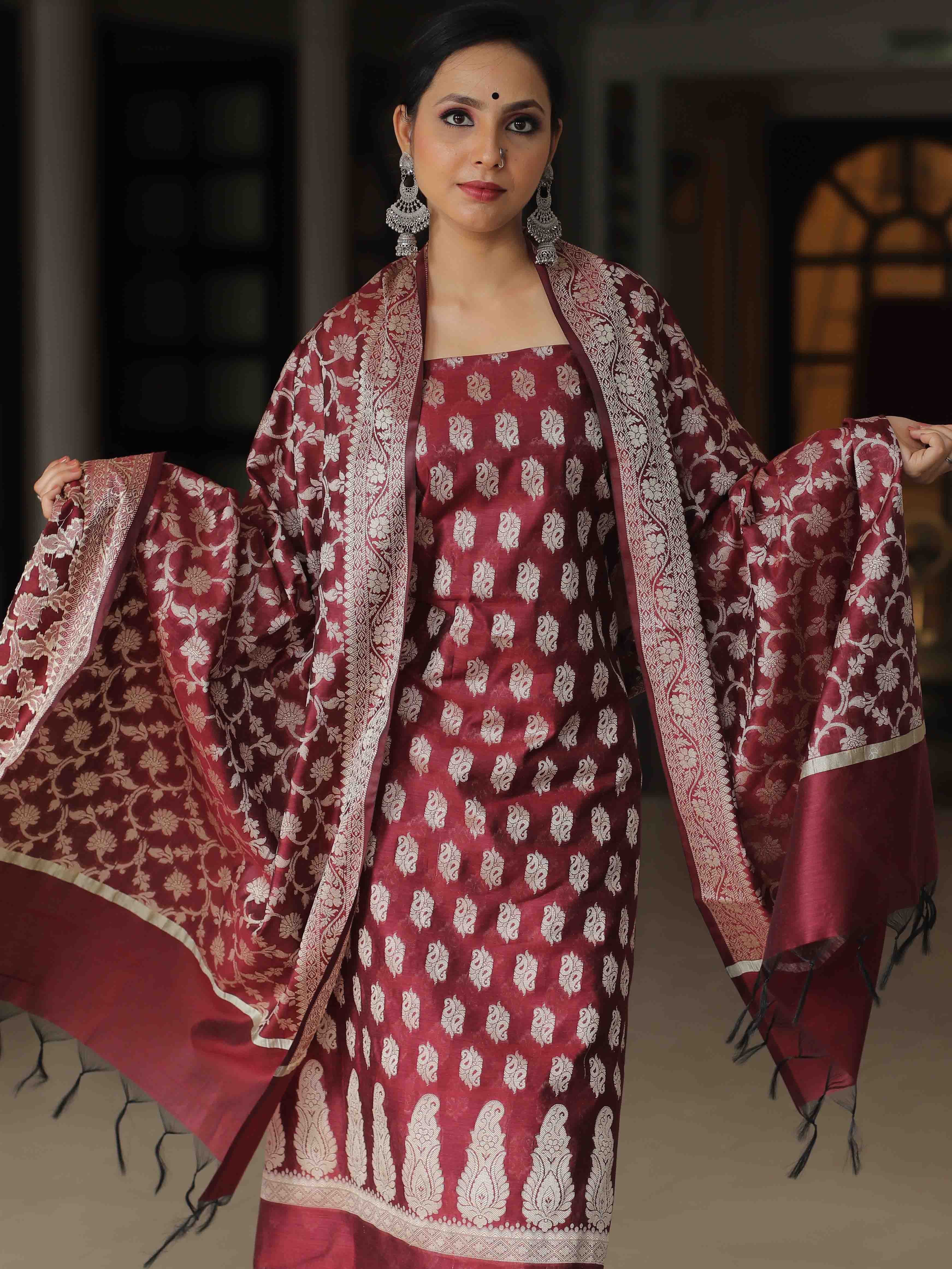 Banarasee Salwar Kameez Cotton Silk Resham Buti Woven Fabric-Wine