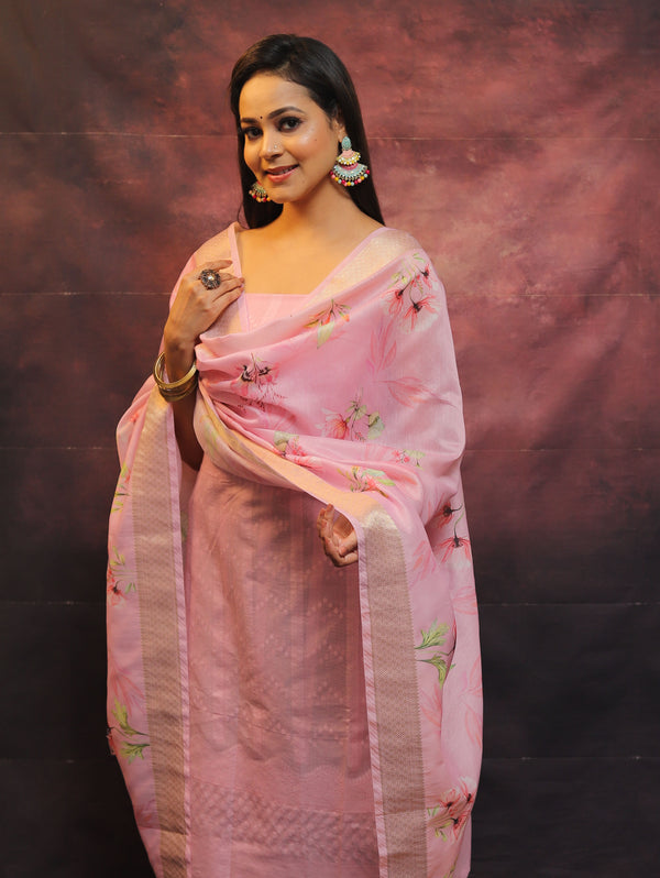 Banarasee Chanderi Cotton Resham Buti Salwar Kameez Fabric With Digital Print Dupatta-Pink