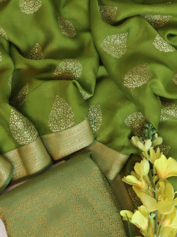 Banarasee Chiffon Saree With Foil Print & Gold Zari Lace Border-Henna Green