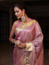 Banarasee Tissue Saree With Stripes Design Tanchoi Border & Lace-Light Pink