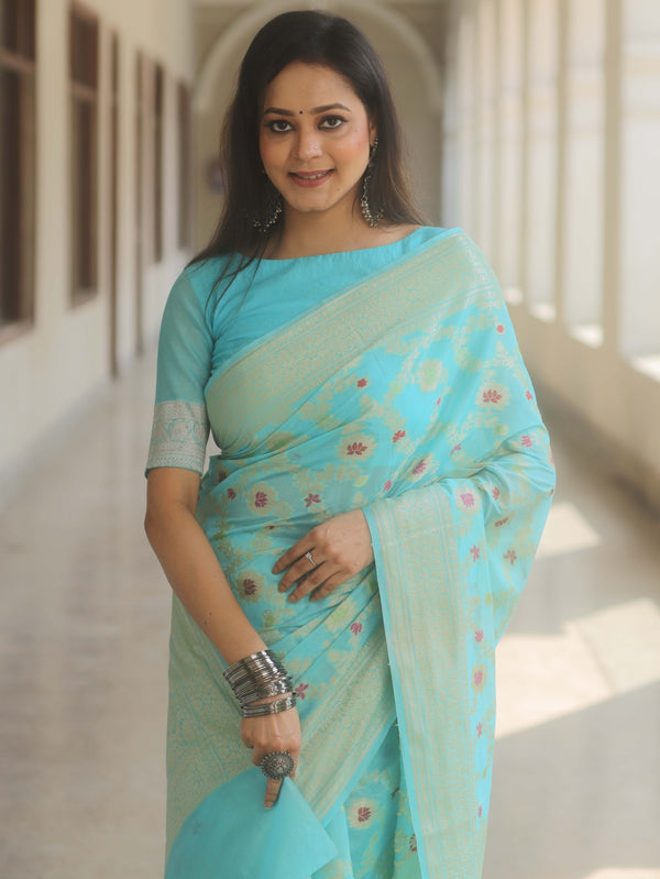 Banarasee Cotton Silk Saree Zari Jaal Design & Border-Light Blue