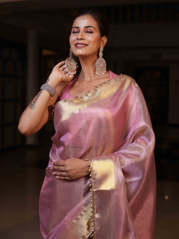 Banarasee Tissue Saree With Stripes Design Tanchoi Border & Lace-Light Pink