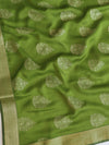 Banarasee Chiffon Saree With Foil Print & Gold Zari Lace Border-Henna Green