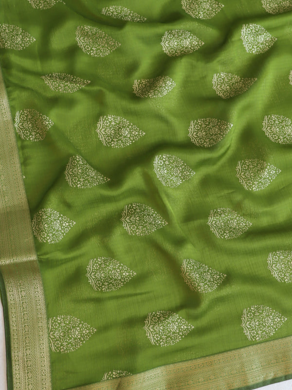Banarasee Chiffon Saree With Foil Print & Gold Zari Lace Border-Henna Green