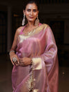 Banarasee Tissue Saree With Stripes Design Tanchoi Border & Lace-Light Pink