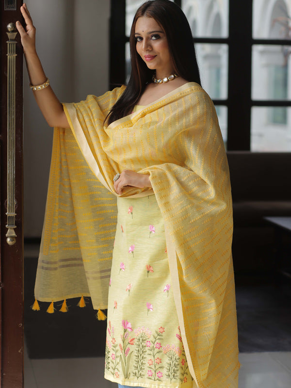 Banarasee Embroidered Linen Cotton Salwar Kameez With Dupatta-Yellow