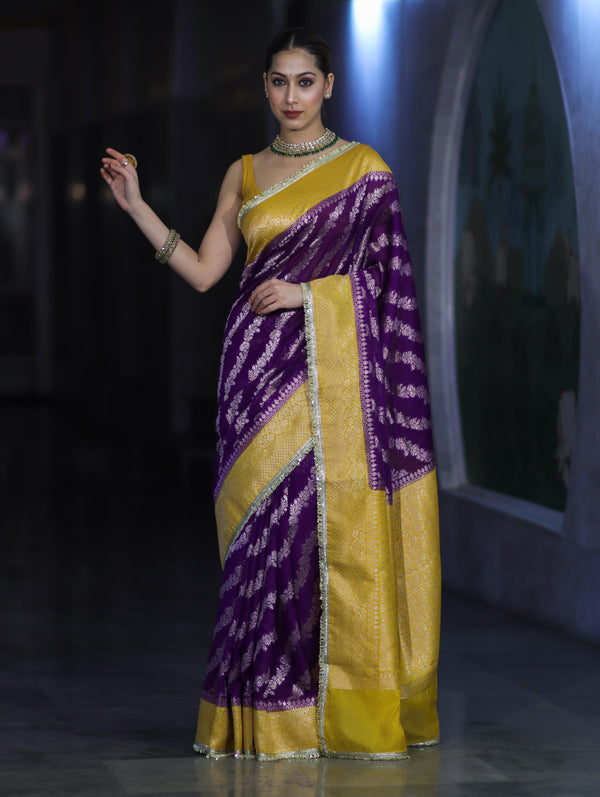 Banarasee Handloom Semi Silk Saree With Contrast Border & Lace-Violet & Yellow