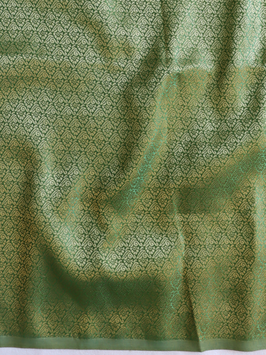 Banarasee Chiffon Saree With Foil Print & Gold Zari Lace Border-Henna Green