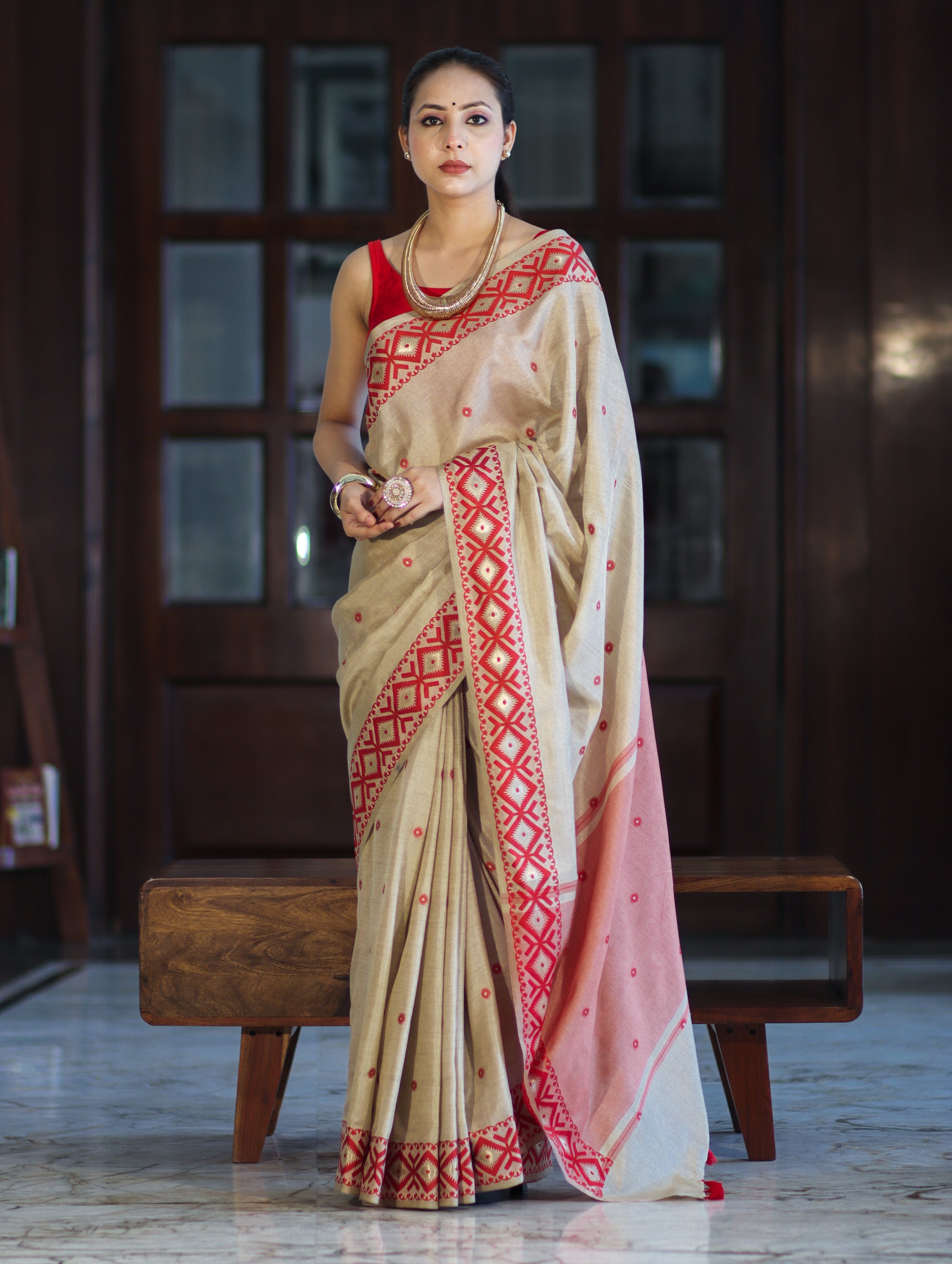 Banarasee Handwoven Semi-Tussar Saree With Resham Work & Geometric Border-Beige & Red