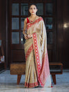 Banarasee Handwoven Semi-Tussar Saree With Resham Work & Geometric Border-Beige & Red