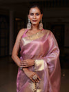 Banarasee Tissue Saree With Stripes Design Tanchoi Border & Lace-Light Pink