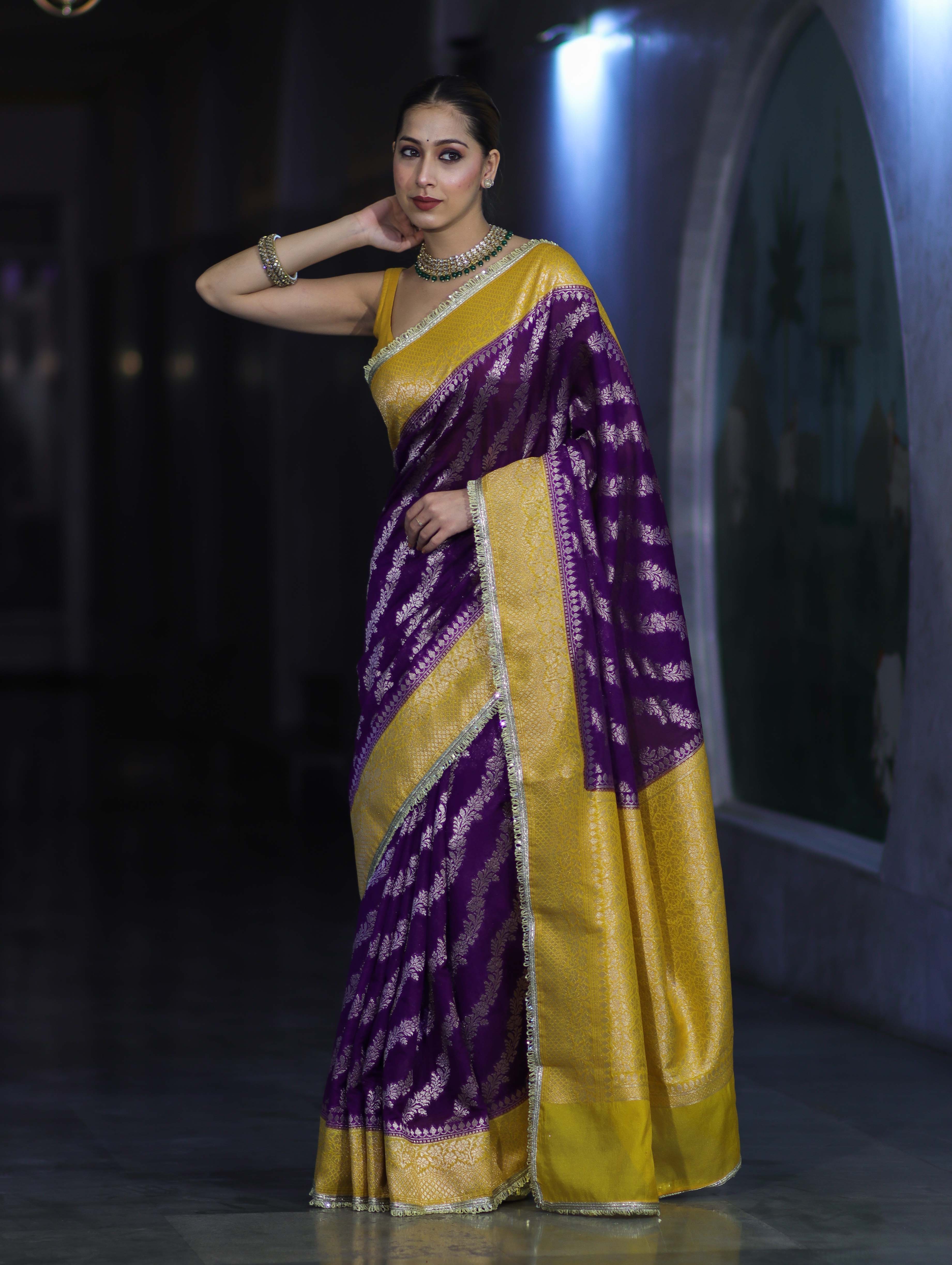Banarasee Handloom Semi Silk Saree With Contrast Border & Lace-Violet & Yellow