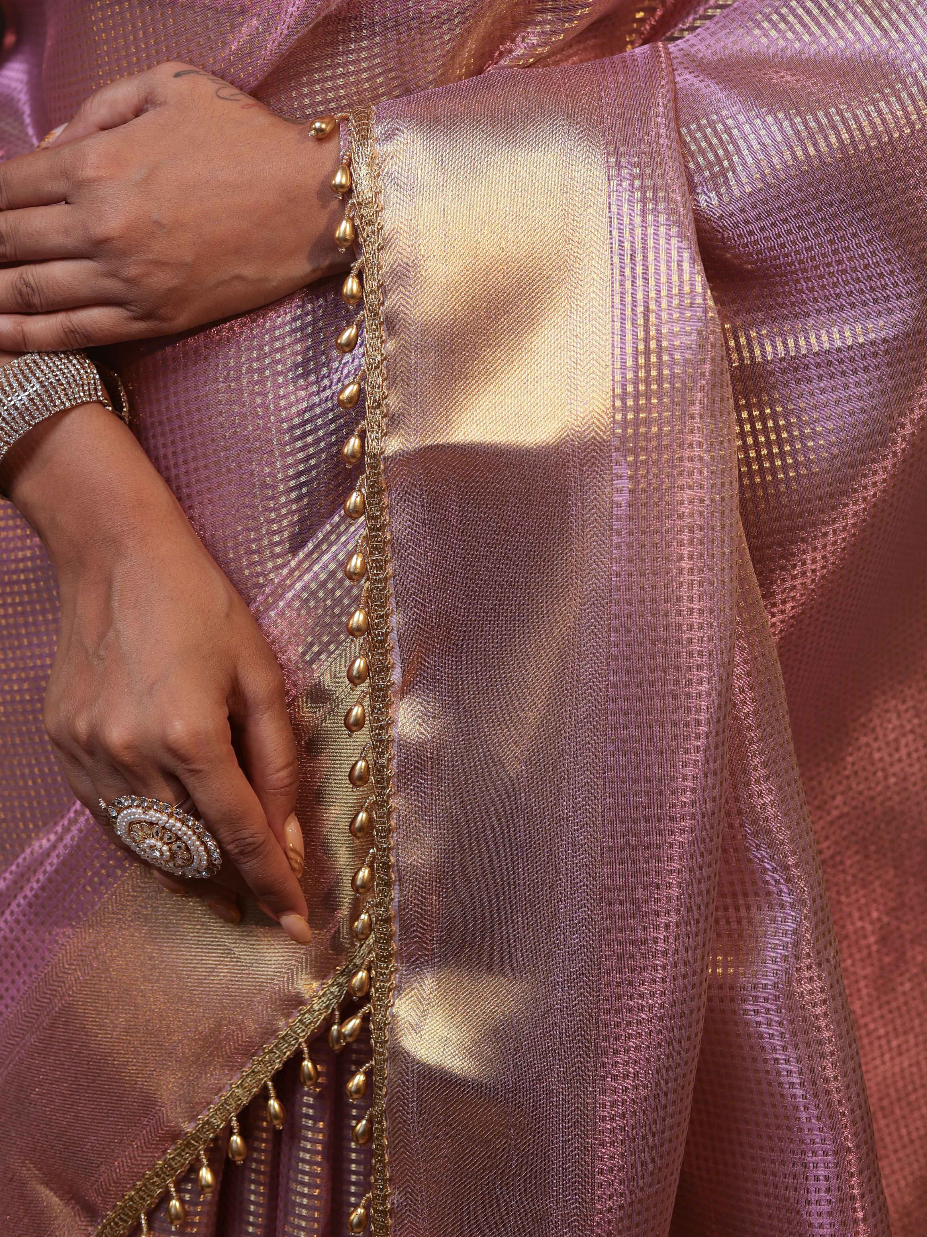 Banarasee Tissue Saree With Stripes Design Tanchoi Border & Lace-Light Pink