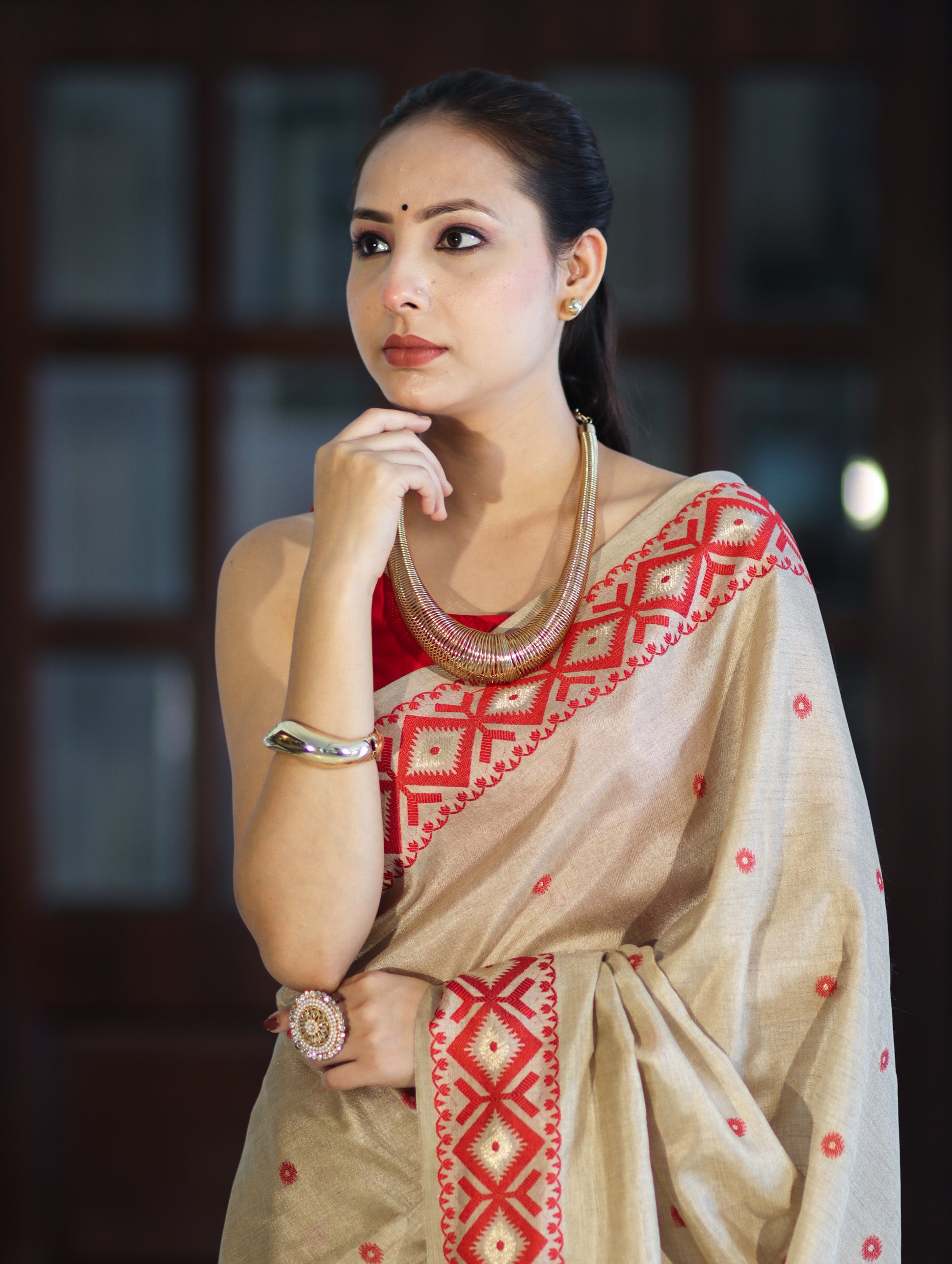 Banarasee Handwoven Semi-Tussar Saree With Resham Work & Geometric Border-Beige & Red